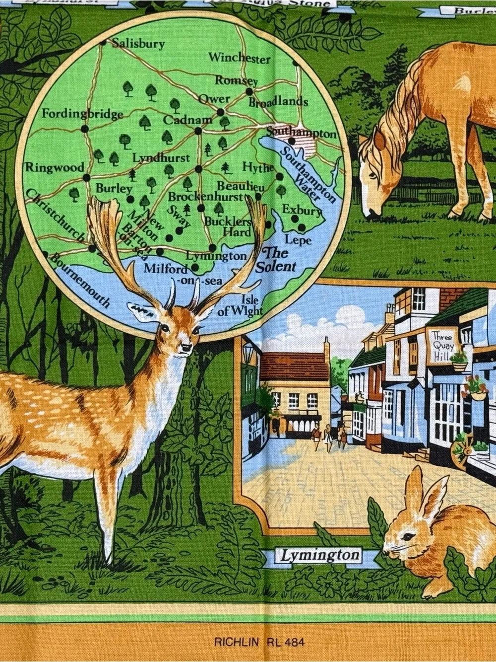 VTG New Forest Souvenir Tea Towel Richlin RL484 Cotton Map Made in UK (NWOT)